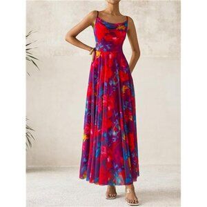 Women Summer Maxi Dresses Elegant Spaghetti Strap Red Blue